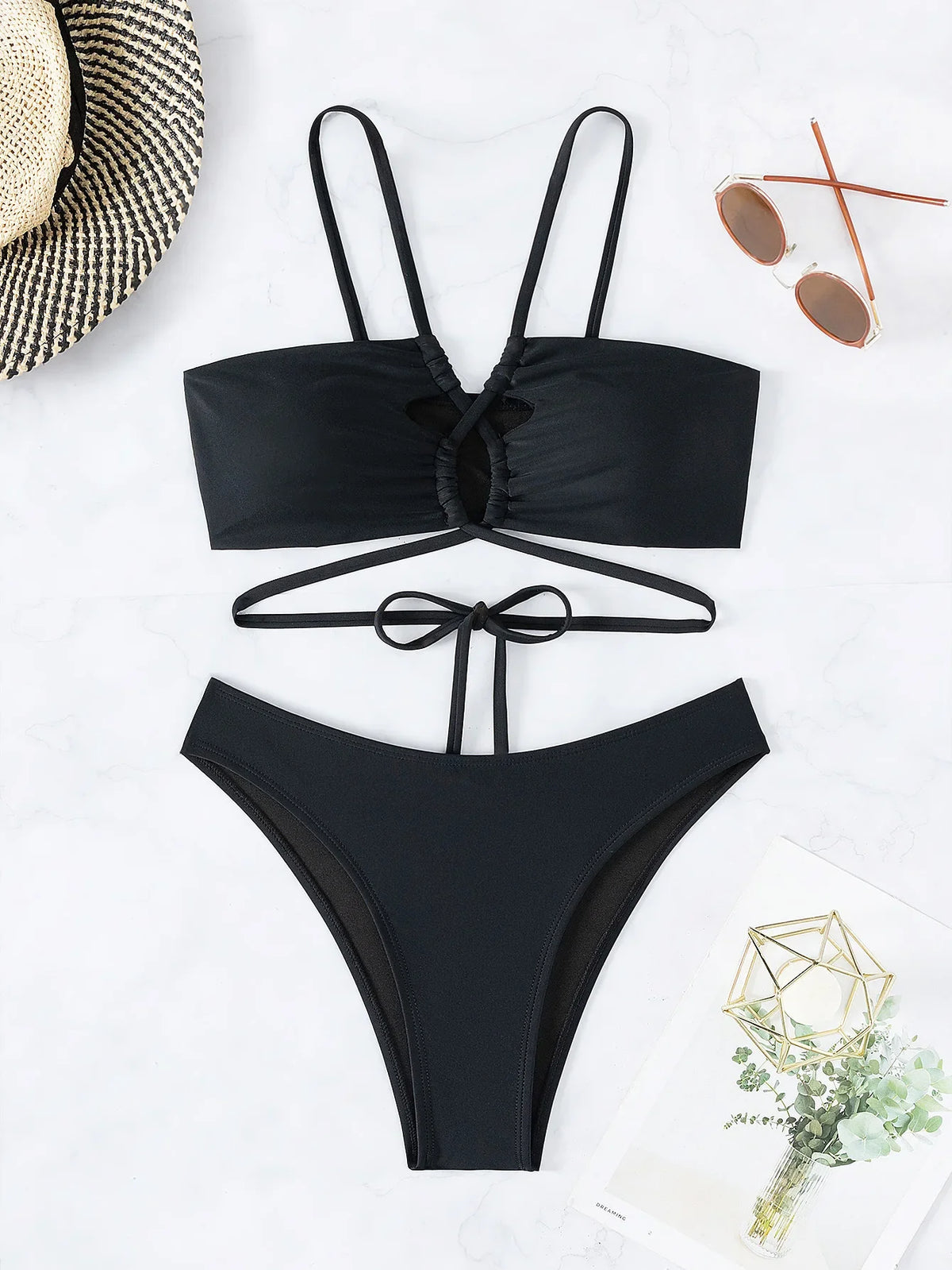 Black Hollow Out Cross Bikini Set