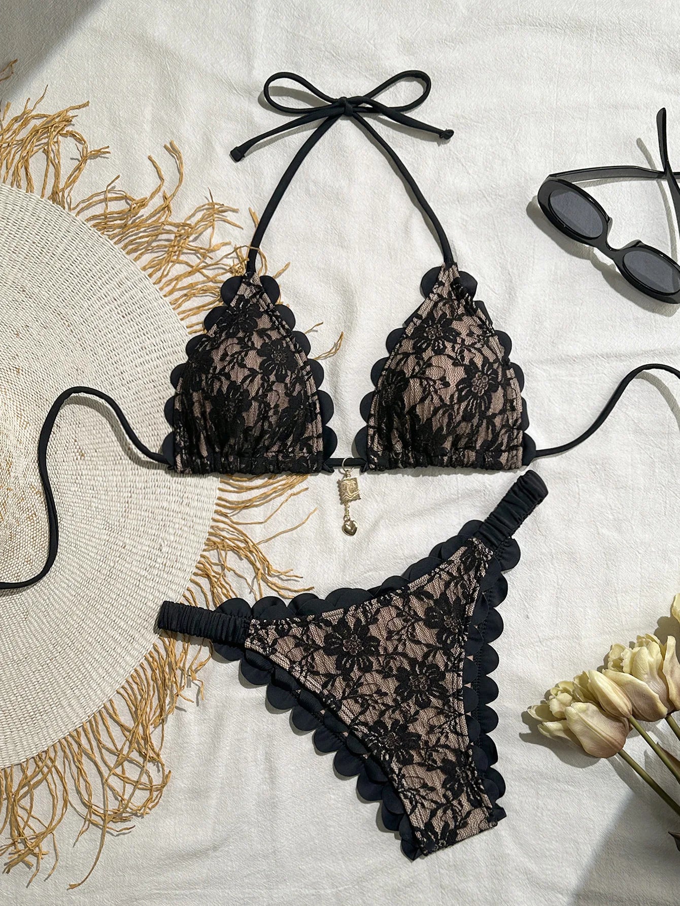 Black Lace Micro Bikini Metal Ornament Ruffles Push Up Bra Thong Swimwear Bathing Suit Holiday Swimsuit