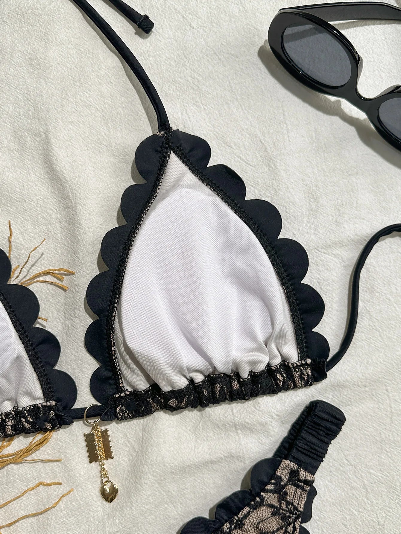 Black Lace Micro Bikini Metal Ornament Ruffles Push Up Bra Thong Swimwear Bathing Suit Holiday Swimsuit
