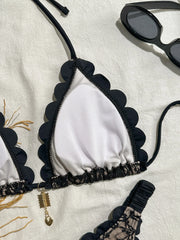 Black Lace Micro Bikini Metal Ornament Ruffles Push Up Bra Thong Swimwear Bathing Suit Holiday Swimsuit