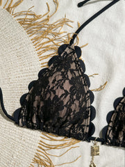 Black Lace Micro Bikini Metal Ornament Ruffles Push Up Bra Thong Swimwear Bathing Suit Holiday Swimsuit