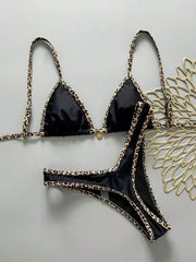 Black Leopard Patchwork Micro Bikini Pleate Push Up Bra Thong Swimsuit Bathing Suit
