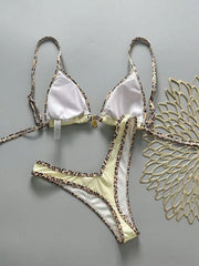 Black Leopard Patchwork Micro Bikini Pleate Push Up Bra Thong Swimsuit Bathing Suit