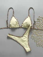 Black Leopard Patchwork Micro Bikini Pleate Push Up Bra Thong Swimsuit Bathing Suit