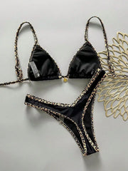 Black Leopard Patchwork Micro Bikini Pleate Push Up Bra Thong Swimsuit Bathing Suit