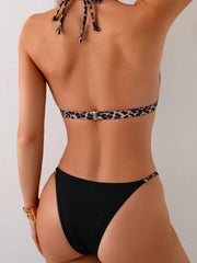 Black Leopard Print Bikini Double Strap Push Up Thong Swimsuit Brazilian Beach Bathing Suit