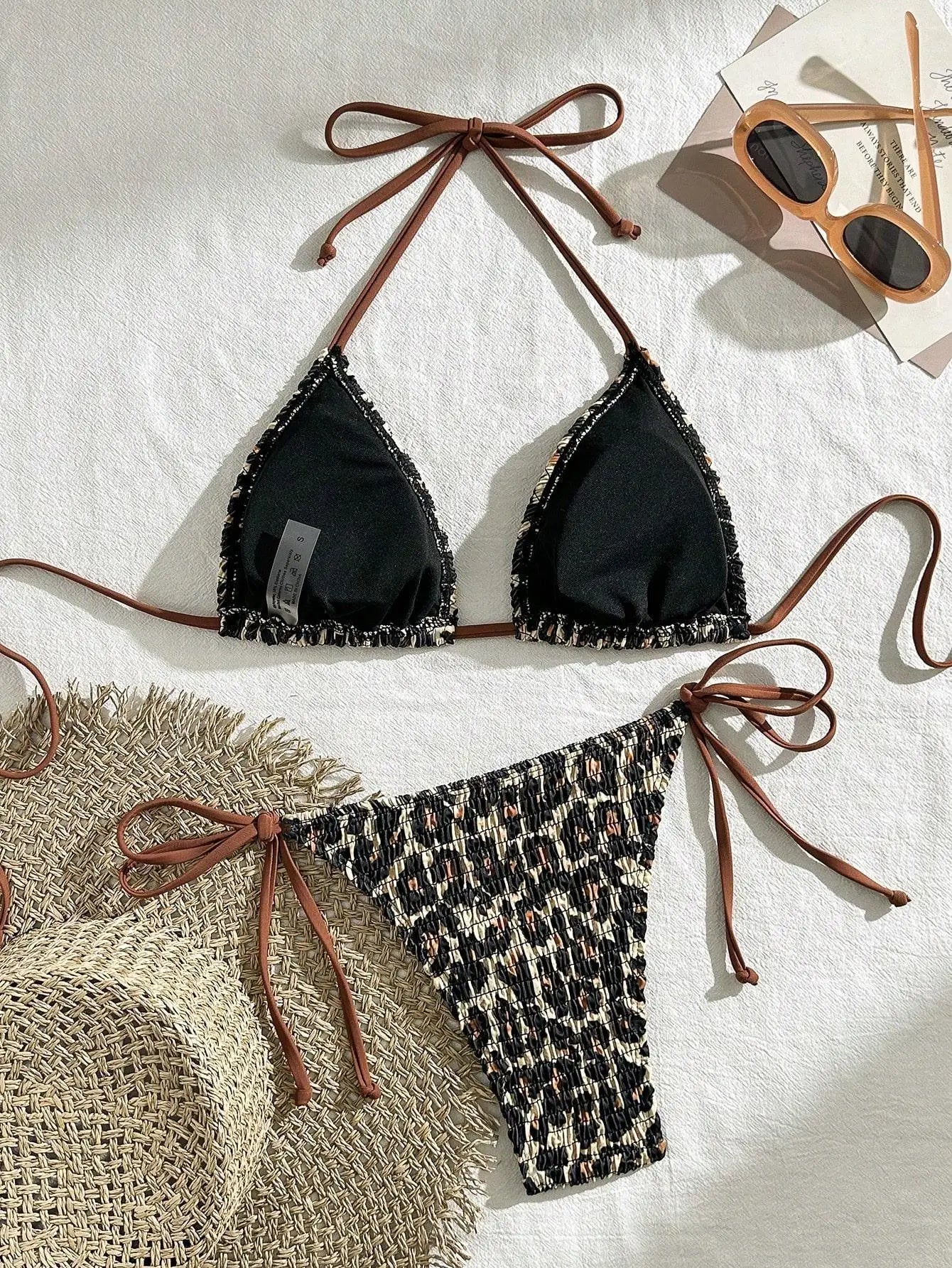 Black Leopard Print Micro Bikini Halter Push Up Bra Tie Side Thong Swimsuit Beach Bathing Suit
