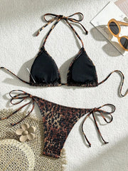 Black Leopard Print Micro Bikini Halter Push Up Bra Tie Side Thong Swimsuit Beach Bathing Suit