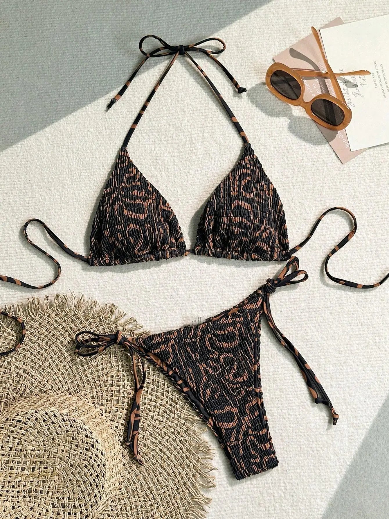 Black Leopard Print Micro Bikini Halter Push Up Bra Tie Side Thong Swimsuit Beach Bathing Suit
