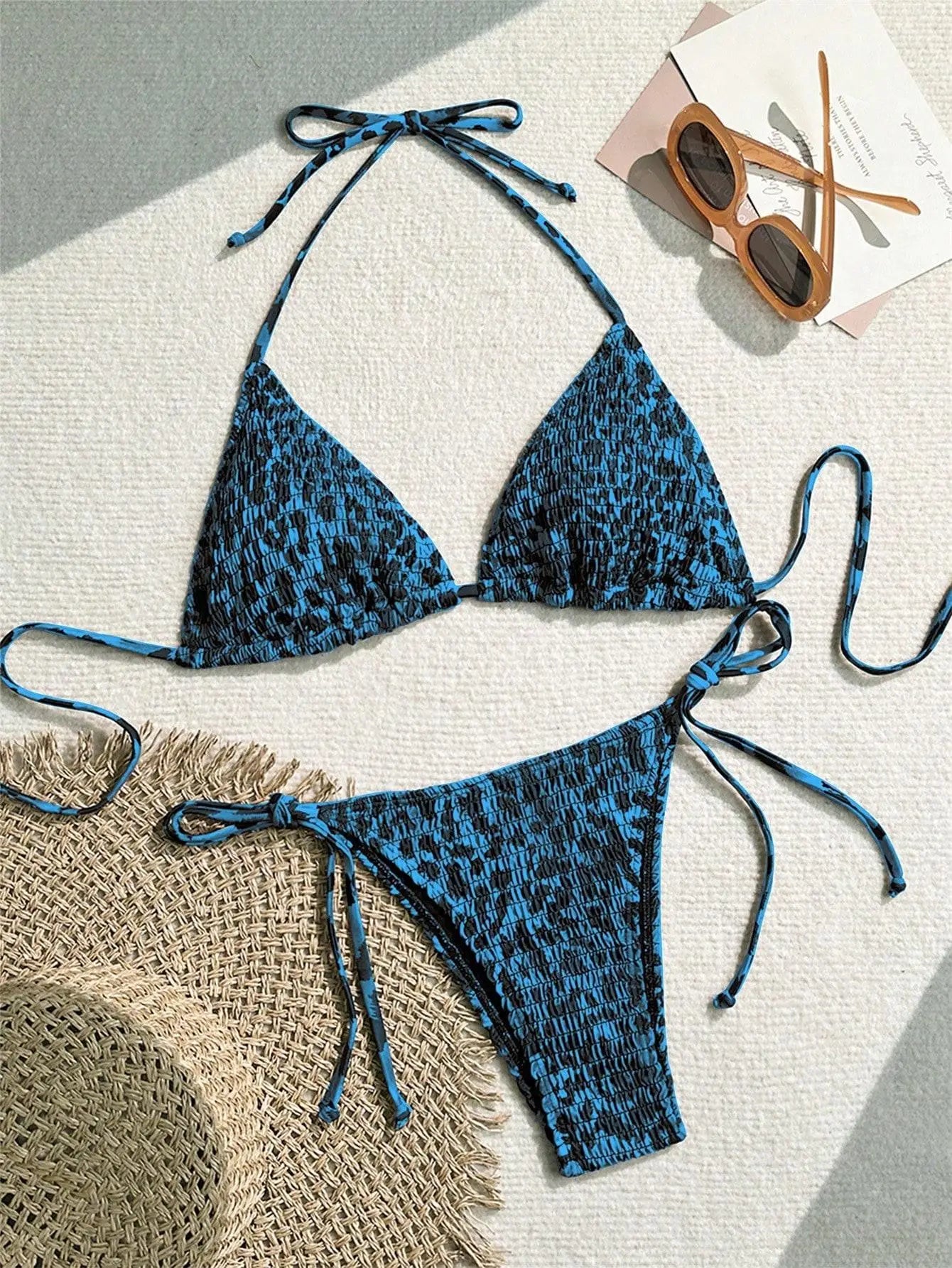 Black Leopard Print Micro Bikini Halter Push Up Bra Tie Side Thong Swimsuit Beach Bathing Suit