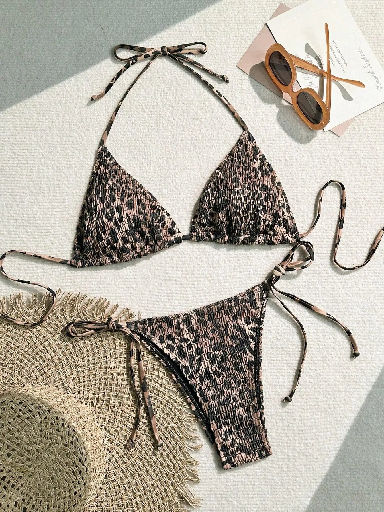 Black Leopard Print Micro Bikini Halter Push Up Bra Tie Side Thong Swimsuit Beach Bathing Suit