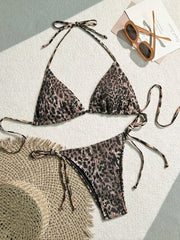 Black Leopard Print Micro Bikini Halter Push Up Bra Tie Side Thong Swimsuit Beach Bathing Suit