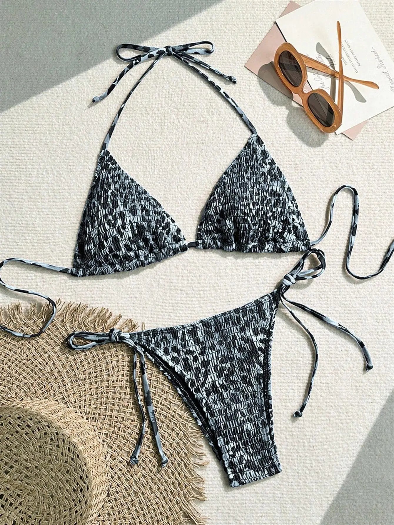 Black Leopard Print Micro Bikini Halter Push Up Bra Tie Side Thong Swimsuit Beach Bathing Suit