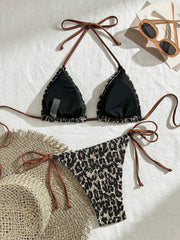Black Leopard Print Micro Bikini Halter Push Up Bra Tie Side Thong Swimsuit Beach Bathing Suit