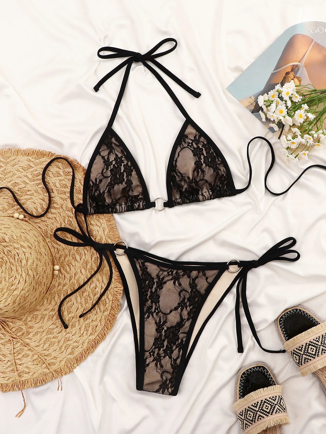 Black Mesh Patchwork Bikini Set