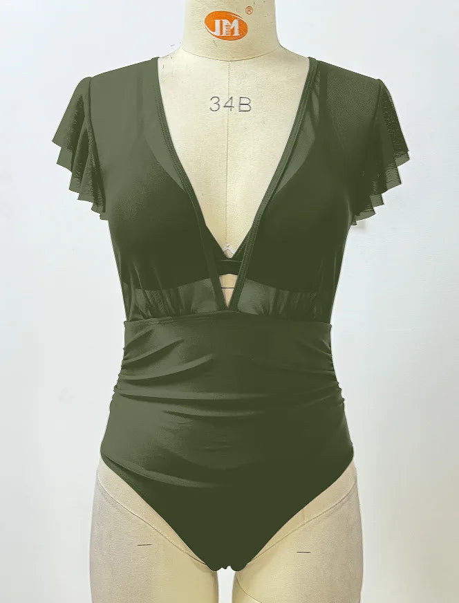 Black Mesh Ruffles V Neck Cover Up 3 Piece Bikini Set