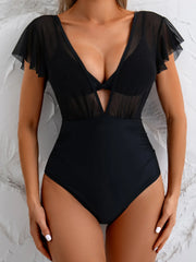 Black Mesh Ruffles V Neck Cover Up 3 Piece Bikini Set