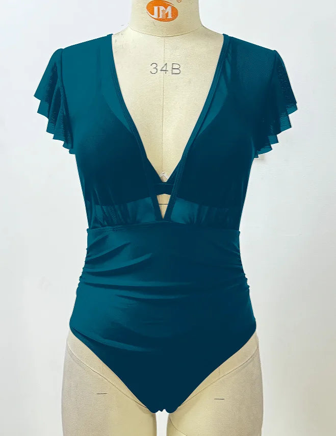 Black Mesh Ruffles V Neck Cover Up 3 Piece Bikini Set