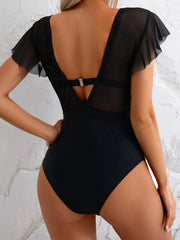 Black Mesh Ruffles V Neck Cover Up 3 Piece Bikini Set