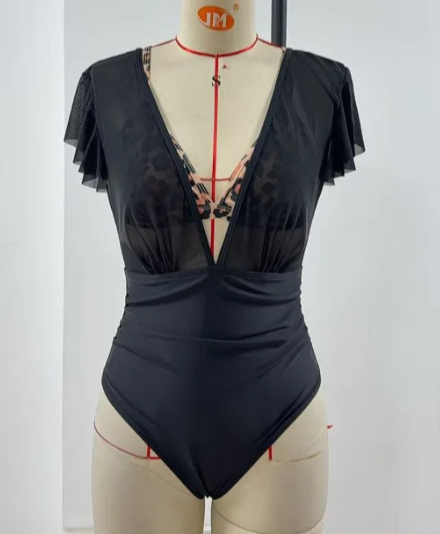 Black Mesh Ruffles V Neck Cover Up 3 Piece Bikini Set