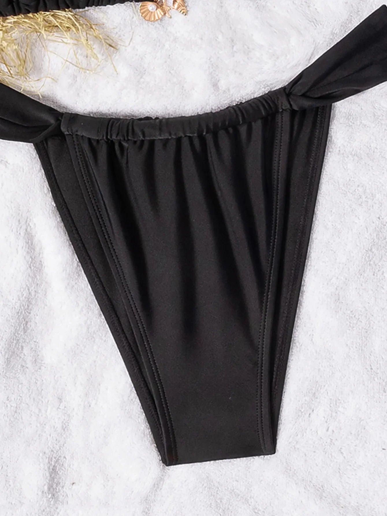 Black Micro Bikini Brazilian Metal Flower Ornament Pleate Push Up Bra Thong Swimsuit Beach Bathing Suit Swimwear
