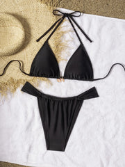 Black Micro Bikini Brazilian Metal Flower Ornament Pleate Push Up Bra Thong Swimsuit Beach Bathing Suit Swimwear