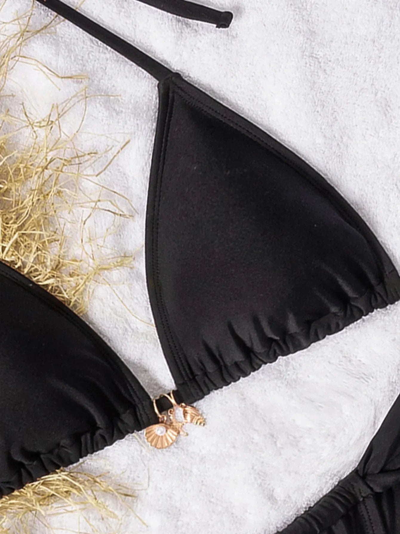 Black Micro Bikini Brazilian Metal Flower Ornament Pleate Push Up Bra Thong Swimsuit Beach Bathing Suit Swimwear