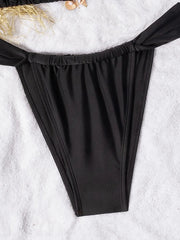 Black Micro Bikini Brazilian Metal Flower Ornament Pleate Push Up Bra Thong Swimsuit Beach Bathing Suit Swimwear