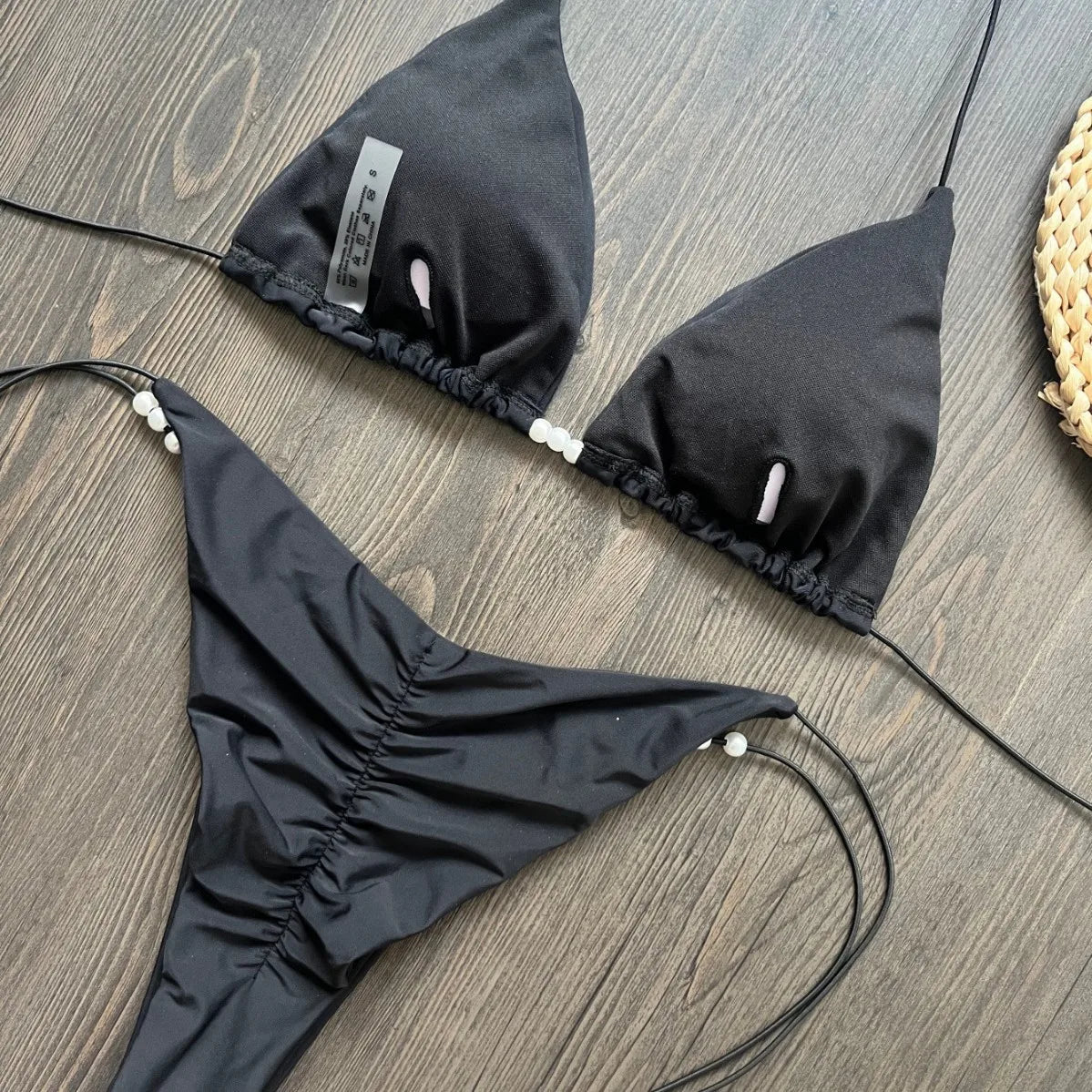 Black Micro Bikini Halter Pearls Push Up Bra Bandage Thong Swimsuit Bathing Suit Biquini