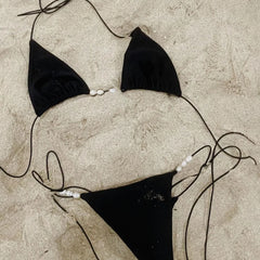 Black Micro Bikini Halter Pearls Push Up Bra Bandage Thong Swimsuit Bathing Suit Biquini