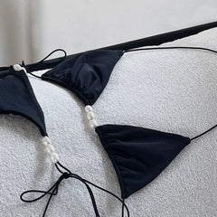 Black Micro Bikini Halter Pearls Push Up Bra Bandage Thong Swimsuit Bathing Suit Biquini