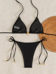 Black Micro Bikini Ruffles Push Up Bra Tie Side Thong Swimsuit Holiday Bathing Suit Swimwear Biquini