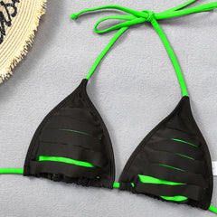 Black Patchwork Micro Bikini Neon Green Strap Push Up Bra Tie Side Thong Swimsuit Beach Bathing Suit Swimwear