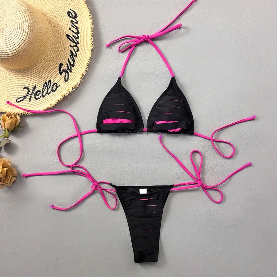 Black Patchwork Micro Bikini Neon Green Strap Push Up Bra Tie Side Thong Swimsuit Beach Bathing Suit Swimwear