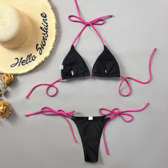 Black Patchwork Micro Bikini Neon Green Strap Push Up Bra Tie Side Thong Swimsuit Beach Bathing Suit Swimwear