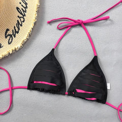 Black Patchwork Micro Bikini Neon Green Strap Push Up Bra Tie Side Thong Swimsuit Beach Bathing Suit Swimwear