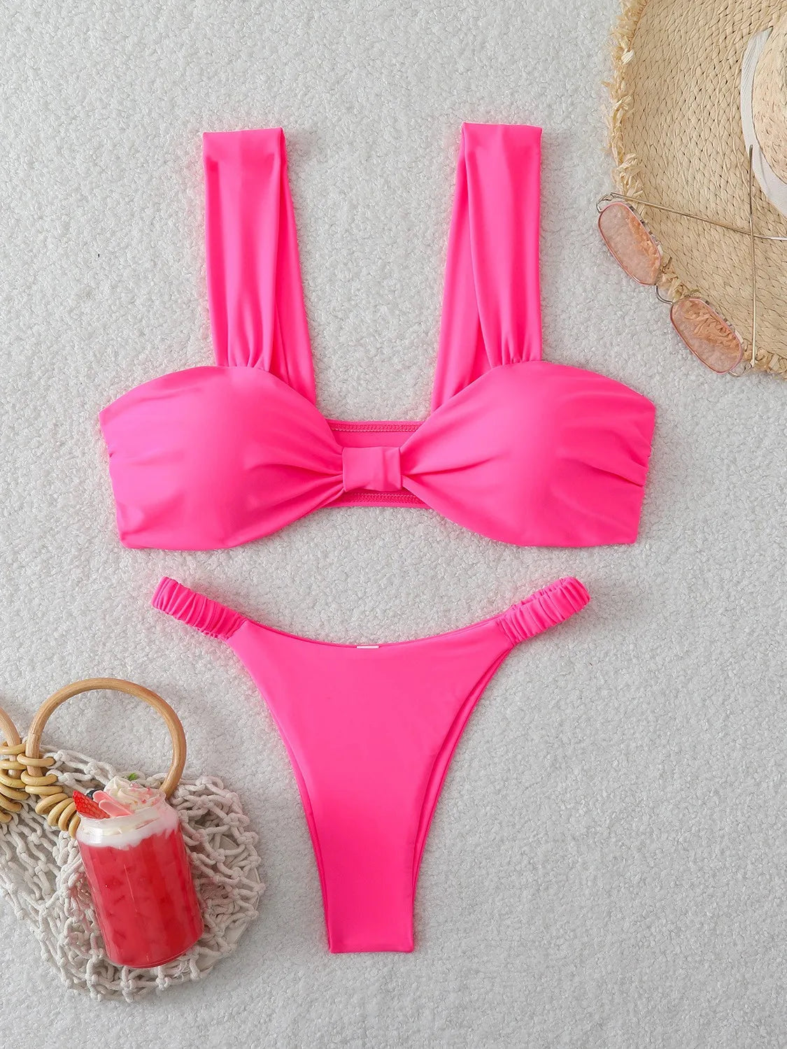 Black Pink Micro Bikini Front Tie Push Up Bra Pleate Thong Swimsuit Beach Bathing Suit Holiday 2 Piece Swimwear