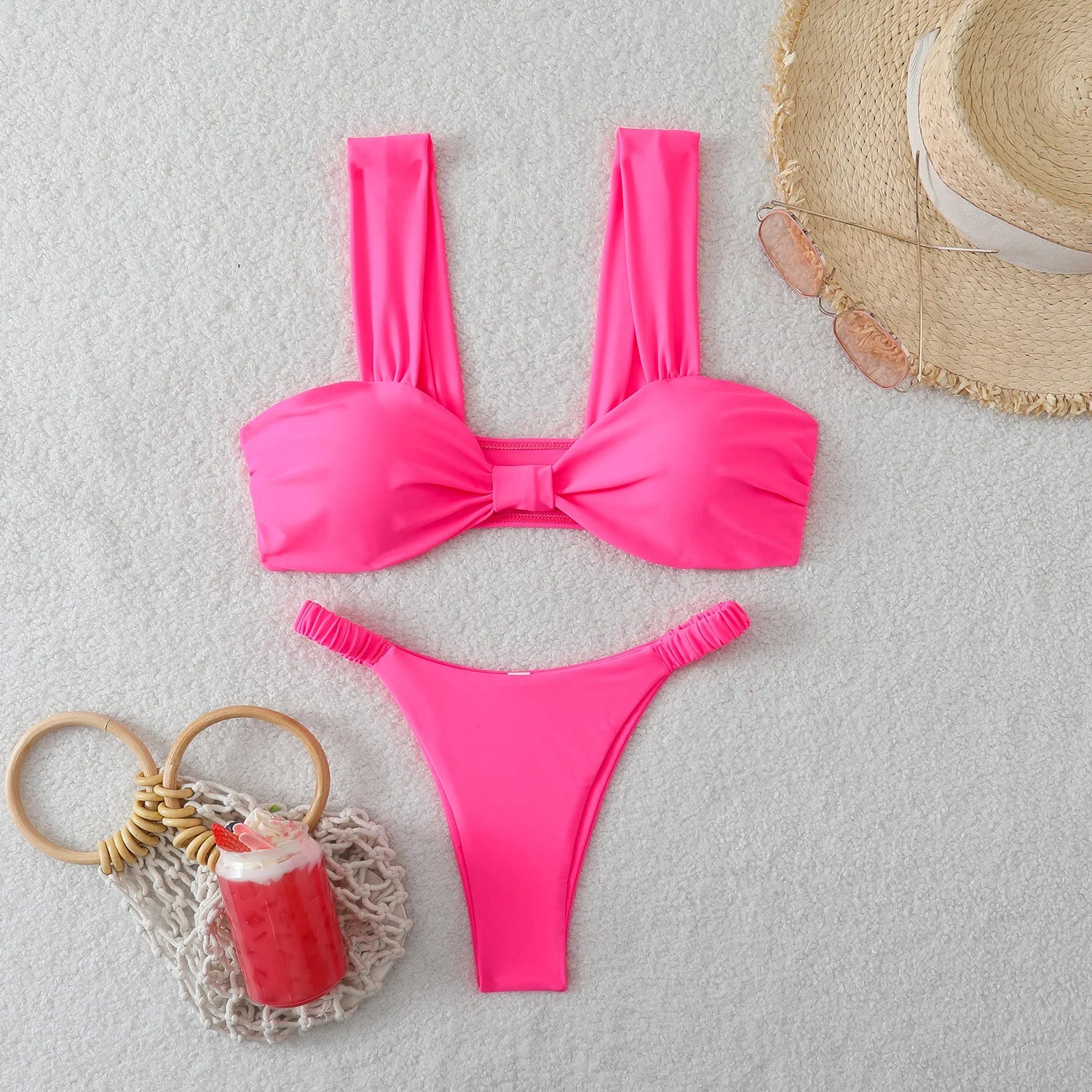 Black Pink Micro Bikini Front Tie Push Up Bra Pleate Thong Swimsuit Beach Bathing Suit Holiday 2 Piece Swimwear