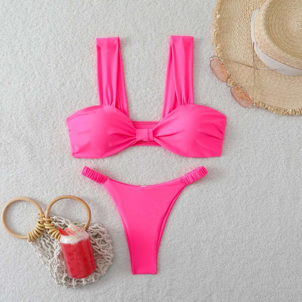 Black Pink Micro Bikini Front Tie Push Up Bra Pleate Thong Swimsuit Beach Bathing Suit Holiday 2 Piece Swimwear
