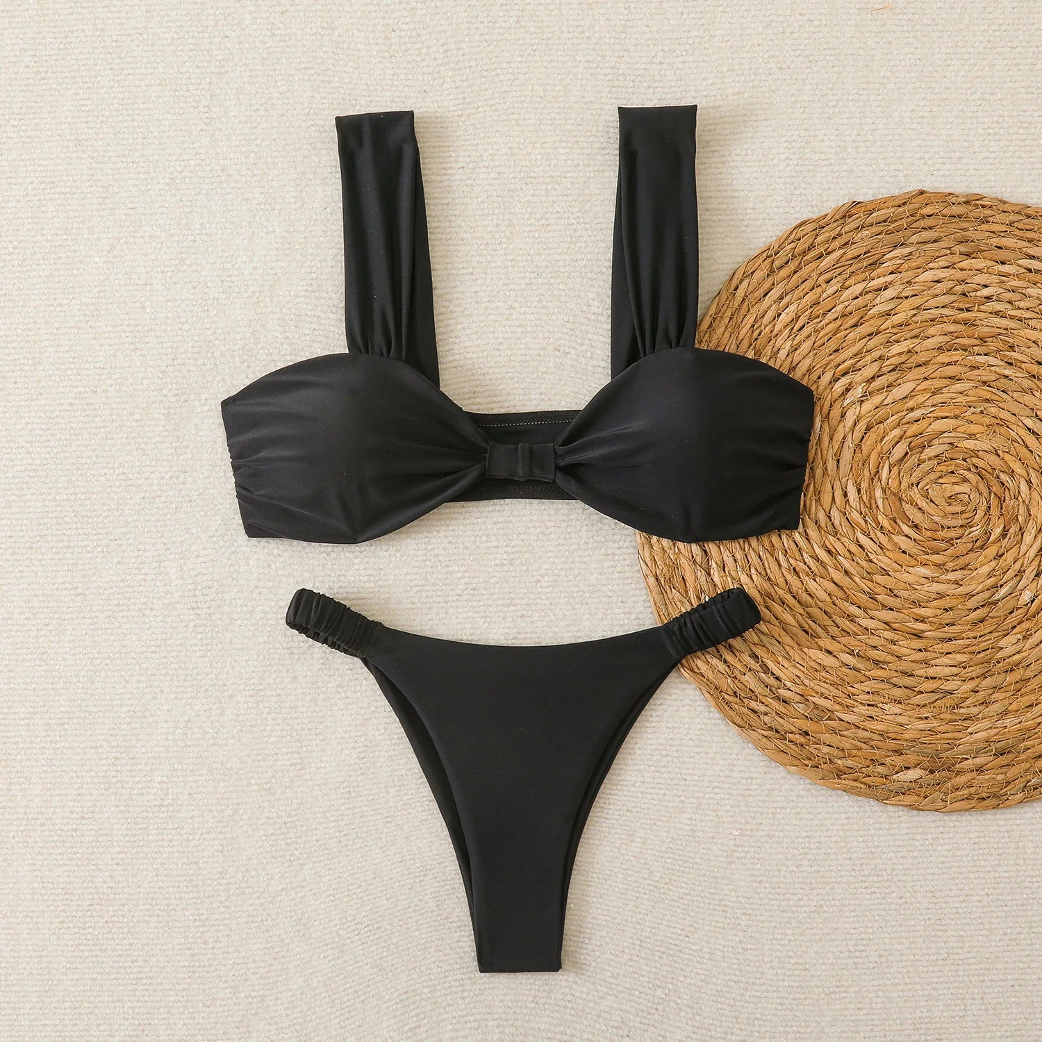 Black Pink Micro Bikini Front Tie Push Up Bra Pleate Thong Swimsuit Beach Bathing Suit Holiday 2 Piece Swimwear
