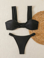 Black Pink Micro Bikini Front Tie Push Up Bra Pleate Thong Swimsuit Beach Bathing Suit Holiday 2 Piece Swimwear