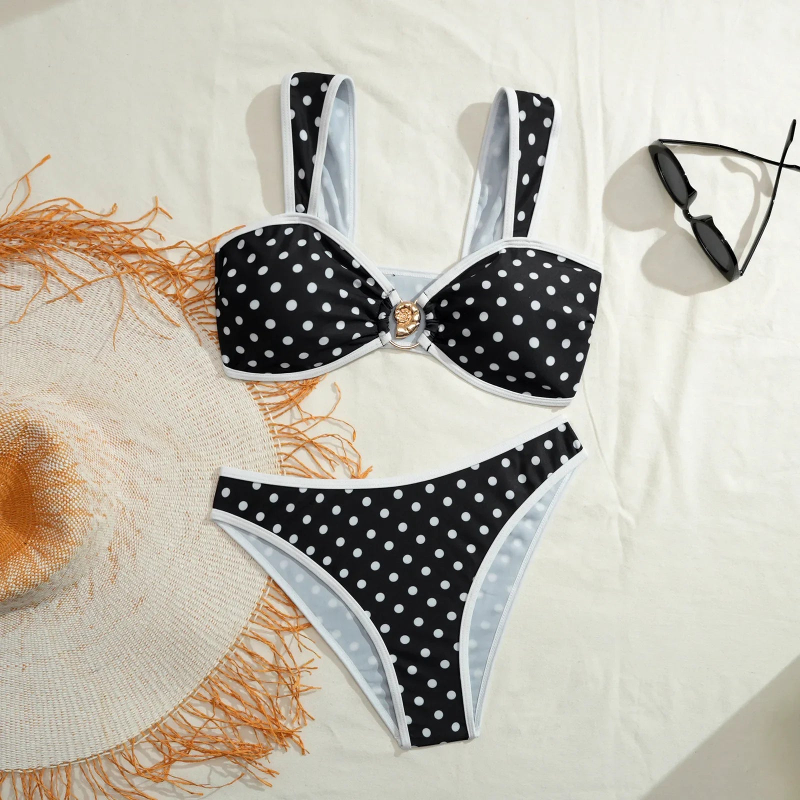 Black Polka Dot Print Bikini Set
