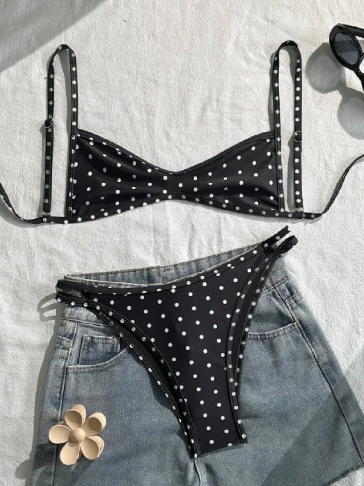 Black Polka Dot Print Micro Bikini Pleate Push Up Bra Hollow Out Thong Swimsuit Bathing Suit