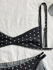 Black Polka Dot Print Micro Bikini Pleate Push Up Bra Hollow Out Thong Swimsuit Bathing Suit