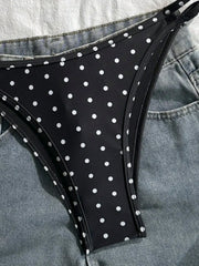 Black Polka Dot Print Micro Bikini Pleate Push Up Bra Hollow Out Thong Swimsuit Bathing Suit