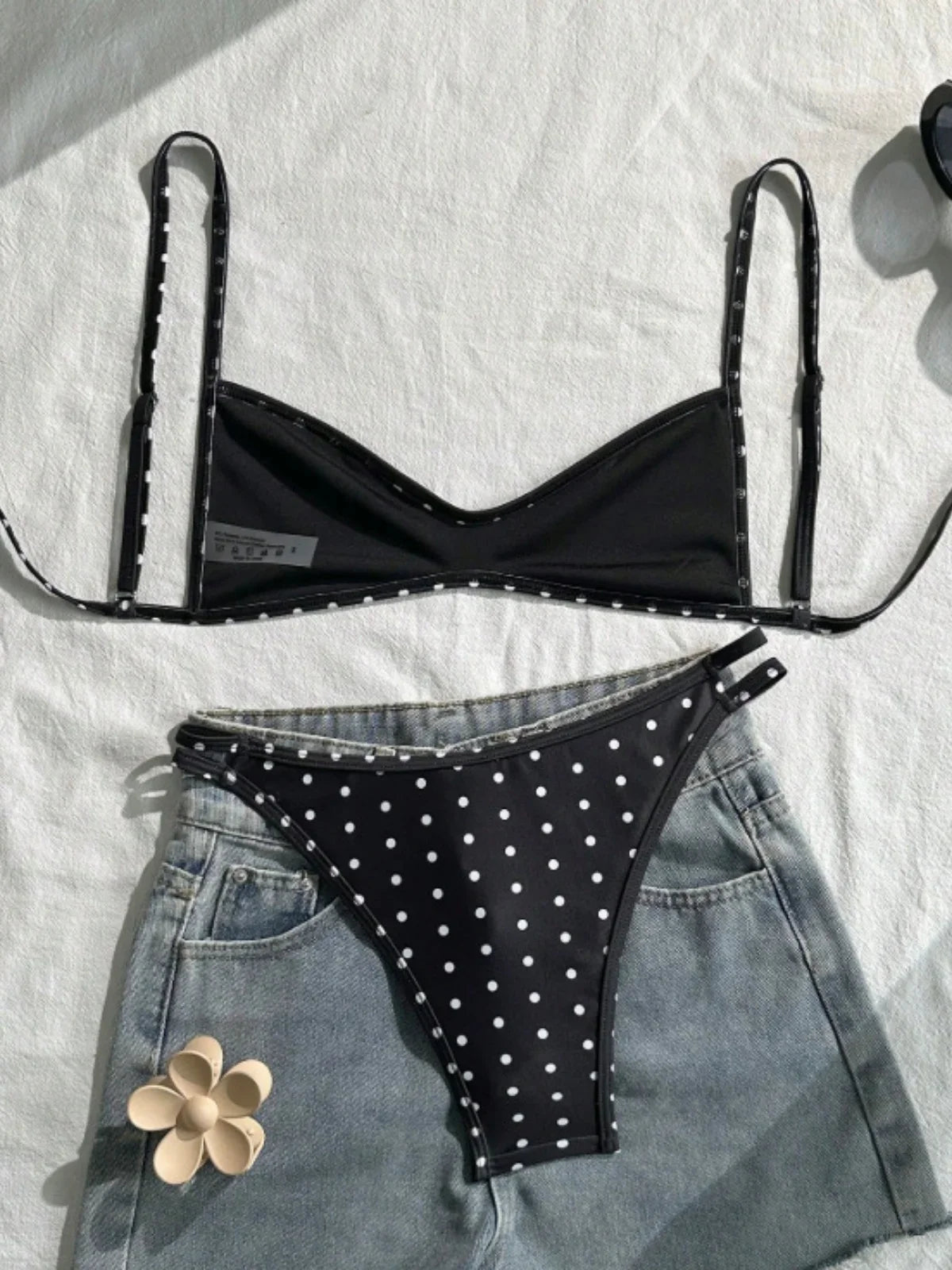 Black Polka Dot Print Micro Bikini Pleate Push Up Bra Hollow Out Thong Swimsuit Bathing Suit