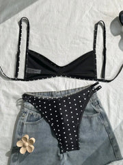 Black Polka Dot Print Micro Bikini Pleate Push Up Bra Hollow Out Thong Swimsuit Bathing Suit