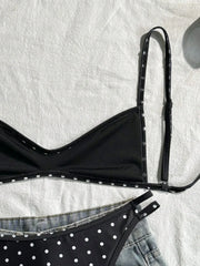 Black Polka Dot Print Micro Bikini Pleate Push Up Bra Hollow Out Thong Swimsuit Bathing Suit
