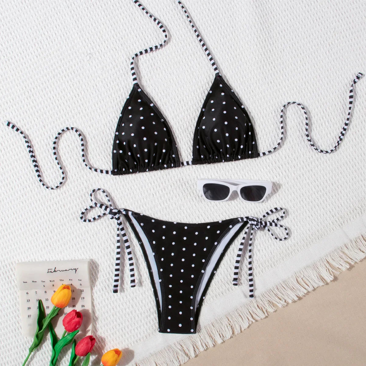 Black Polka Dot Print Micro Bikini Push Up Bra Tie Side Thong Swimwear Bathing Suit Holiday Swimsuit