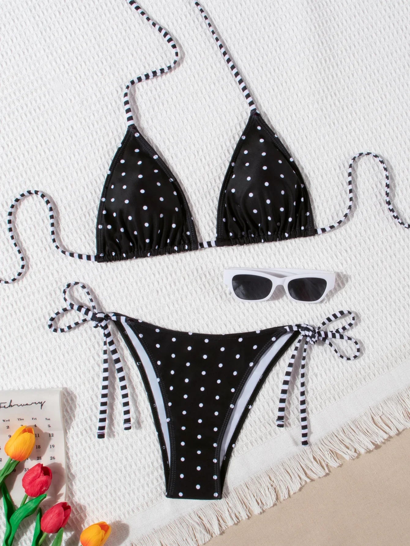 Black Polka Dot Print Micro Bikini Push Up Bra Tie Side Thong Swimwear Bathing Suit Holiday Swimsuit